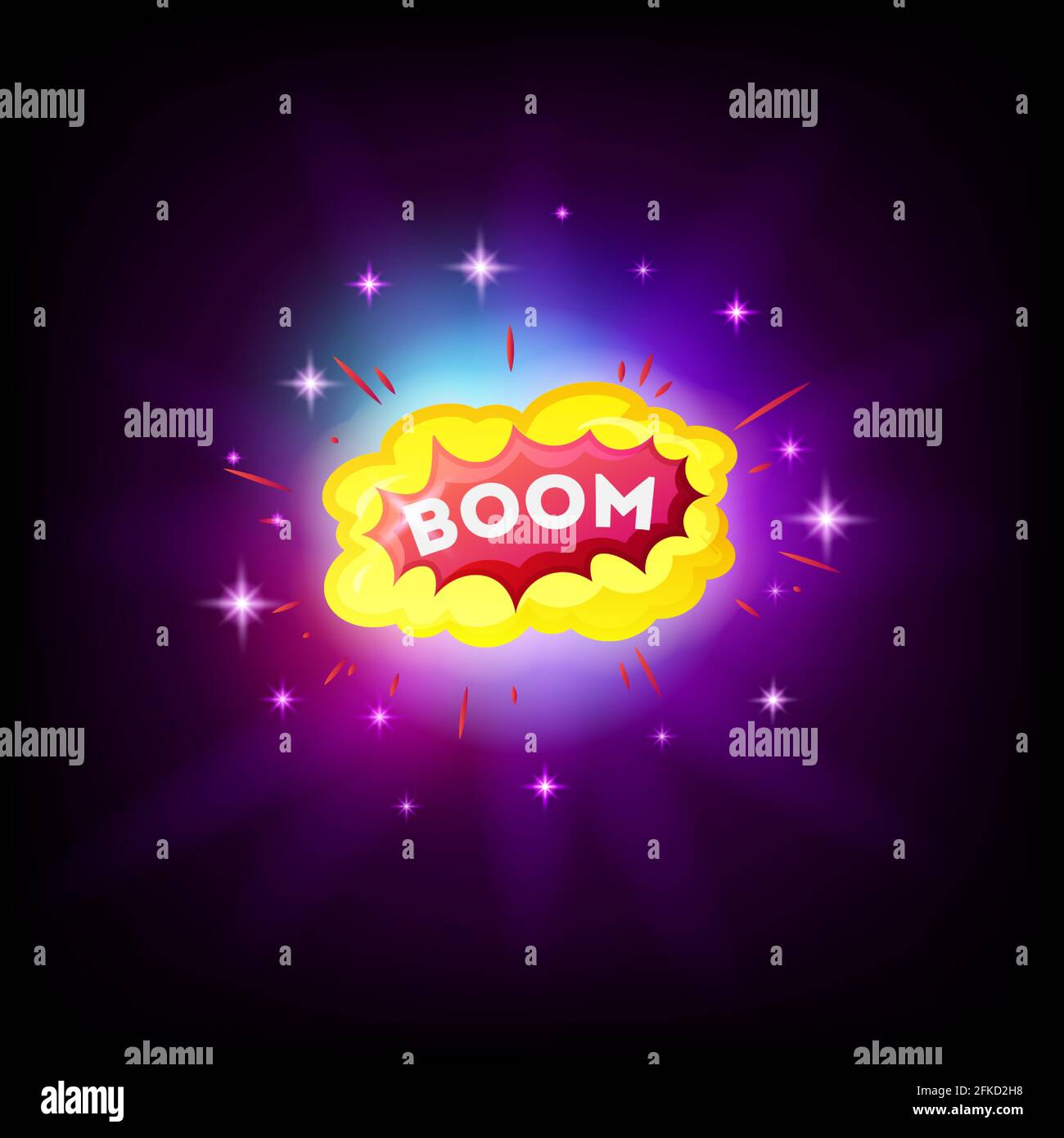 Boom fumetto bianco testo discorso bolla esplosione nello spazio. Effetto sonoro in stile pop art colorato. Banner con illustrazione vettoriale a mezzitoni. Fumetti d'epoca Illustrazione Vettoriale