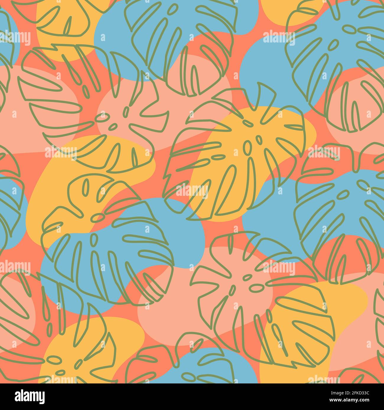 Contorni di foglie di palma e macchie colorate pastello dipinte su uno sfondo arancione.motivo di tessuto. Stile moderno. Fashion print.Seamless pattern abstract Illustrazione Vettoriale