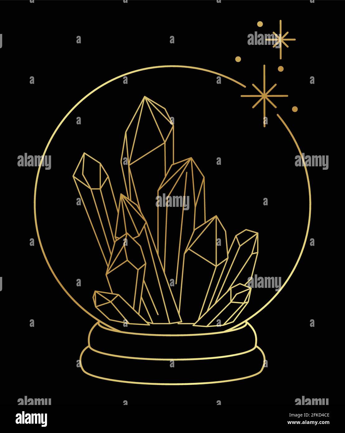 Linea d'arte di lusso d'oro di guarigione cristalli magici in un sfera di cristallo Illustrazione Vettoriale