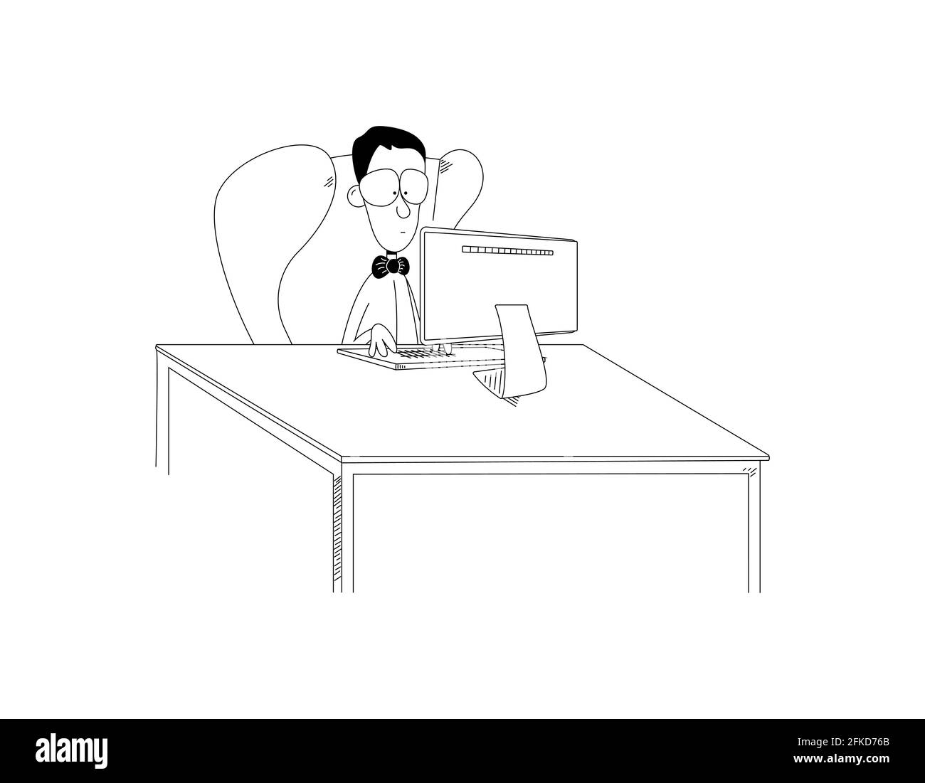 Un simpatico uomo di cartoni animati o un ragazzo del nerd si siedono in sedia alla scrivania lavorando sul computer. Divertente impiegato di tipo o studente con cravatta di arco e occhiali guarda monitor.Vector Illustrazione Vettoriale