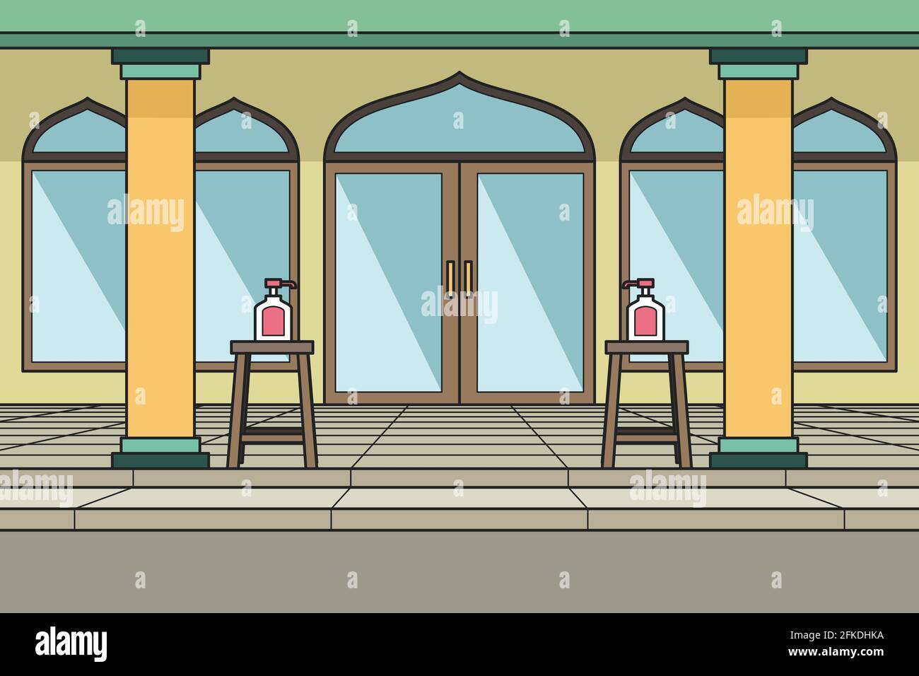 Il cortile della moschea con igienizzatore a mano di fronte alla porta. Illustrazione vettoriale. Libro per bambini. Illustrazione Vettoriale