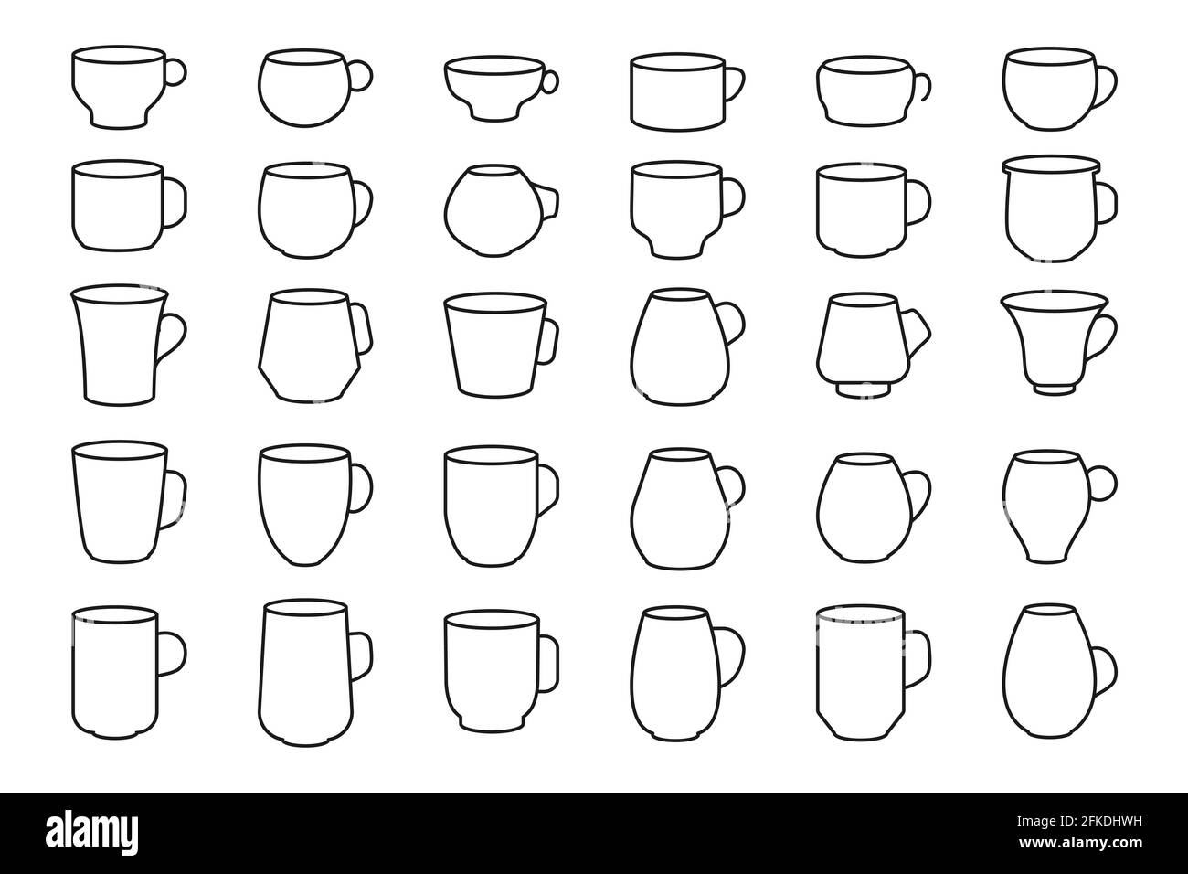 Set di icone per la pausa caffè con contorno nero. Modello lineare vuoto forma diversa per negozio, menu della casa da tè. Semplice elemento grafico tazza, simbolo bevanda espresso, latte. Isolato su illustrazione vettoriale bianca Illustrazione Vettoriale