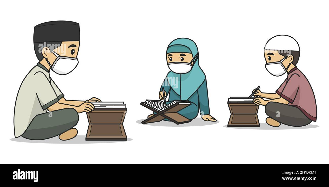 Il personaggio di Ustaz e studenti Leggi il Corano indossando abiti musulmani e maschera facciale. Illustrazione vettoriale. Libro per bambini. Illustrazione Vettoriale