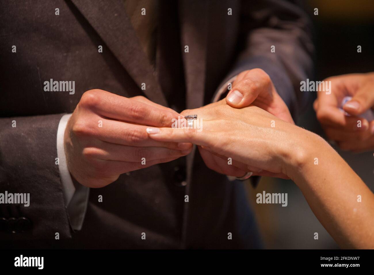 Primo piano di sposa che mette un anello di nozze sul dito dello sposo. Coppie che si scambiano gli anelli di nozze. Foto di alta qualità Foto Stock