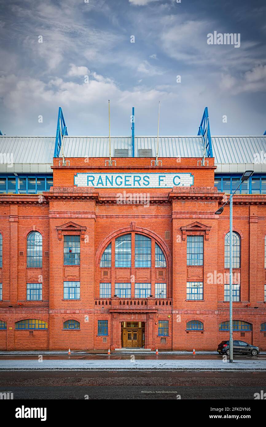 GLASGOW, SCOZIA - Gennaio 17, 2018: una vista del famoso Ibrox Stadium che ospita i Rangers Football Club. Foto Stock