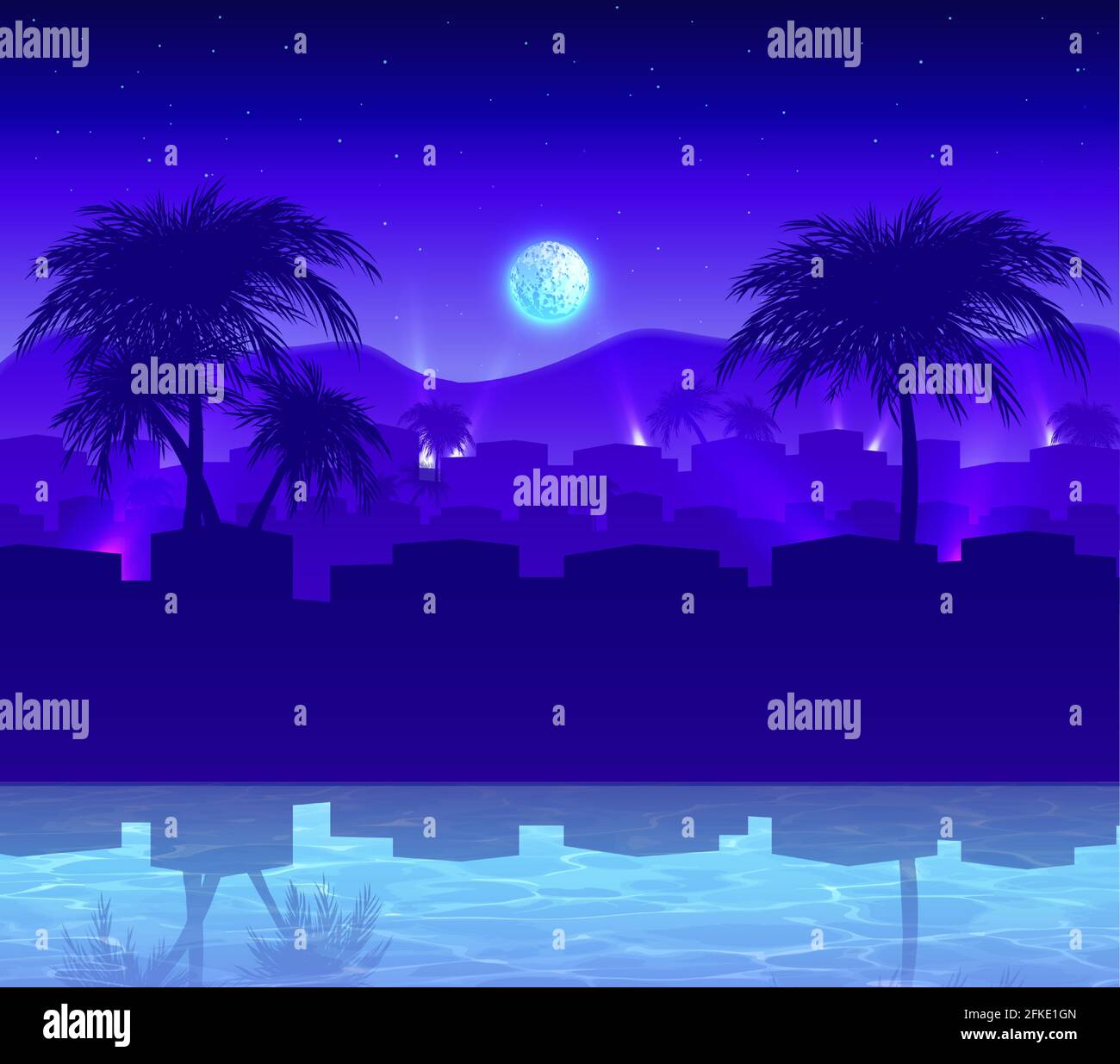 Vettore stile cartoon esotico notte città sfondo. Illustrazione Vettoriale