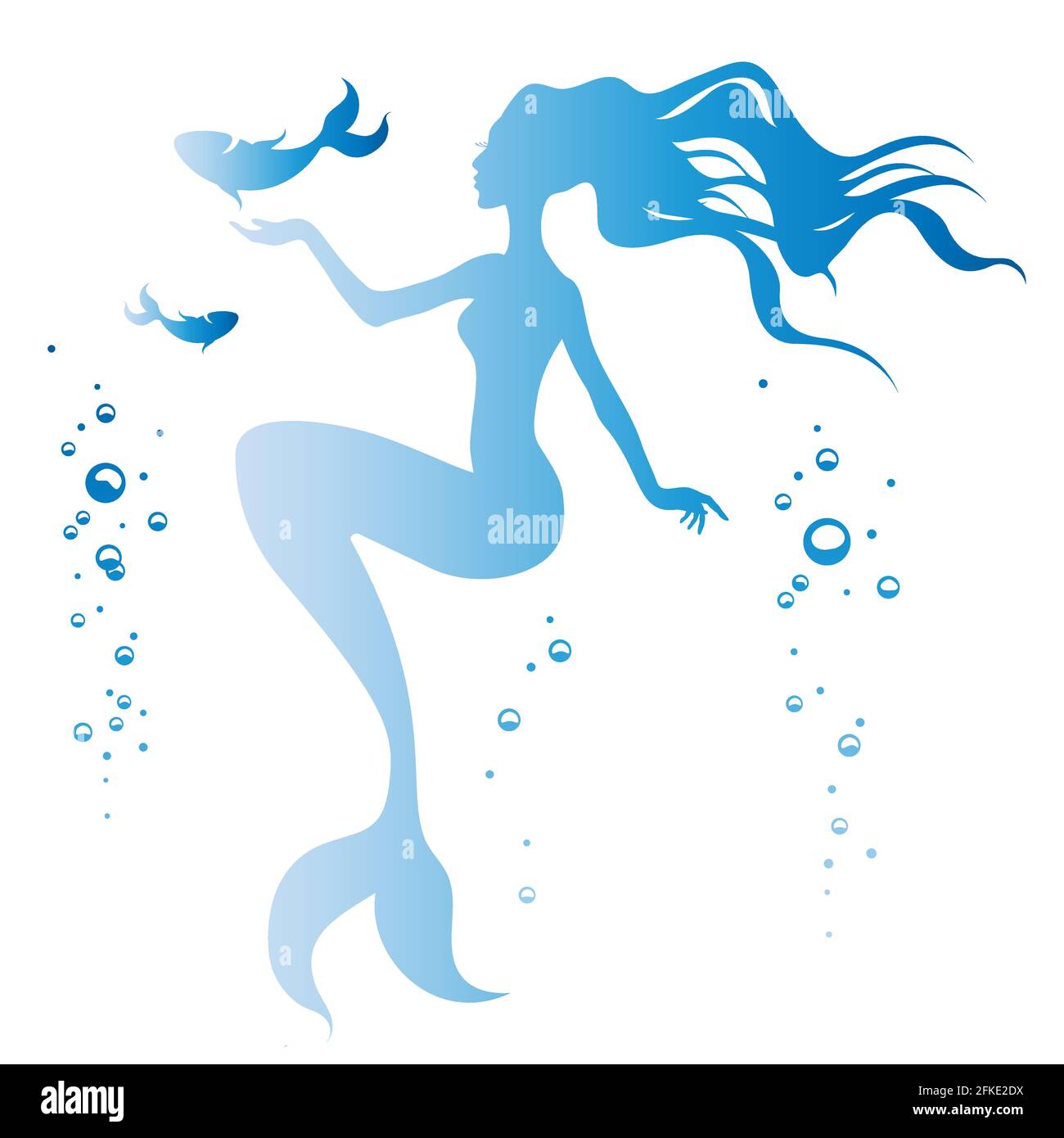 Silhouette di una sirena, pesce, bolle d'aria in acqua. Illustrazione Vettoriale
