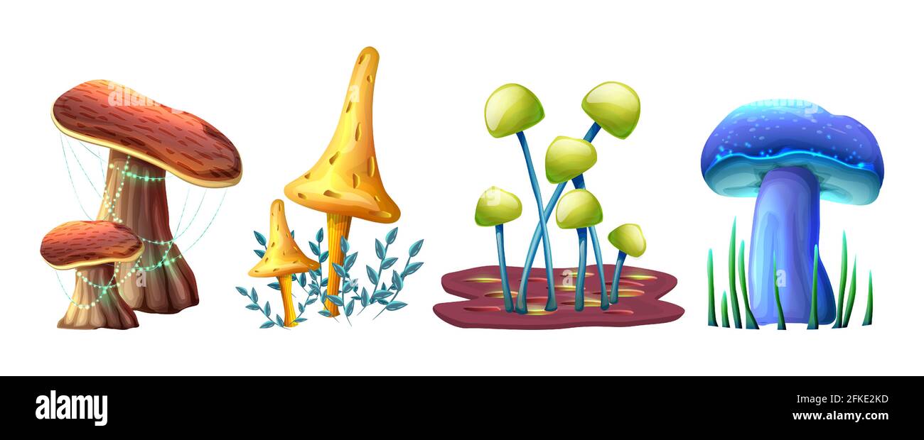 Raccolta di funghi fantasy in stile cartoon vettoriale, isolati su sfondo bianco. Per il Web, i videogiochi, l'interfaccia utente, la stampa di progetti. Illustrazione Vettoriale