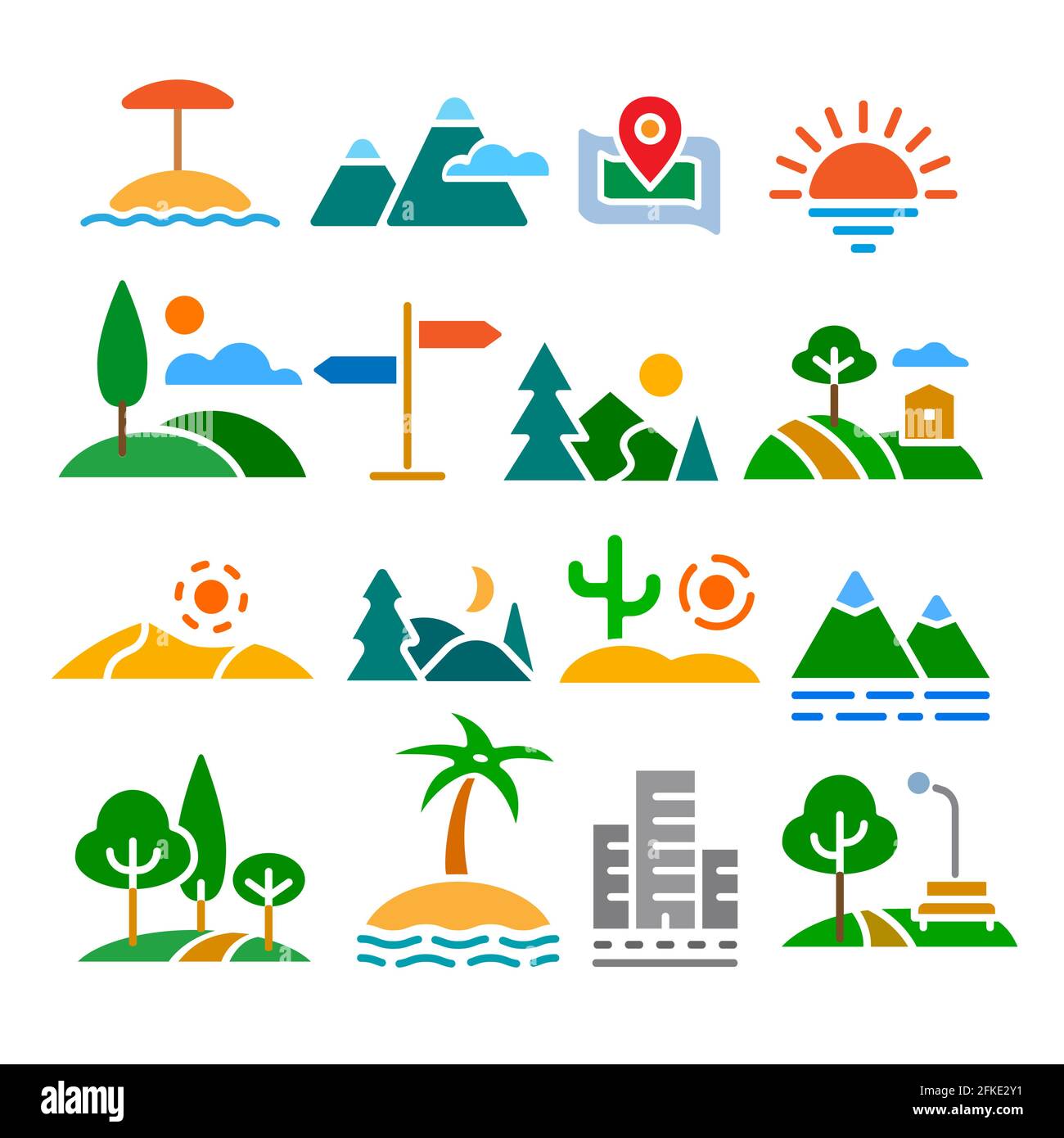 Illustrazione di paesaggi e natura set di icone Illustrazione Vettoriale