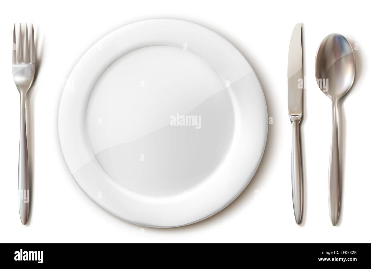 set di posate realistiche con piastra bianca, forchetta, cucchiaio e coltello. Isolato su sfondo bianco. Illustrazione Vettoriale