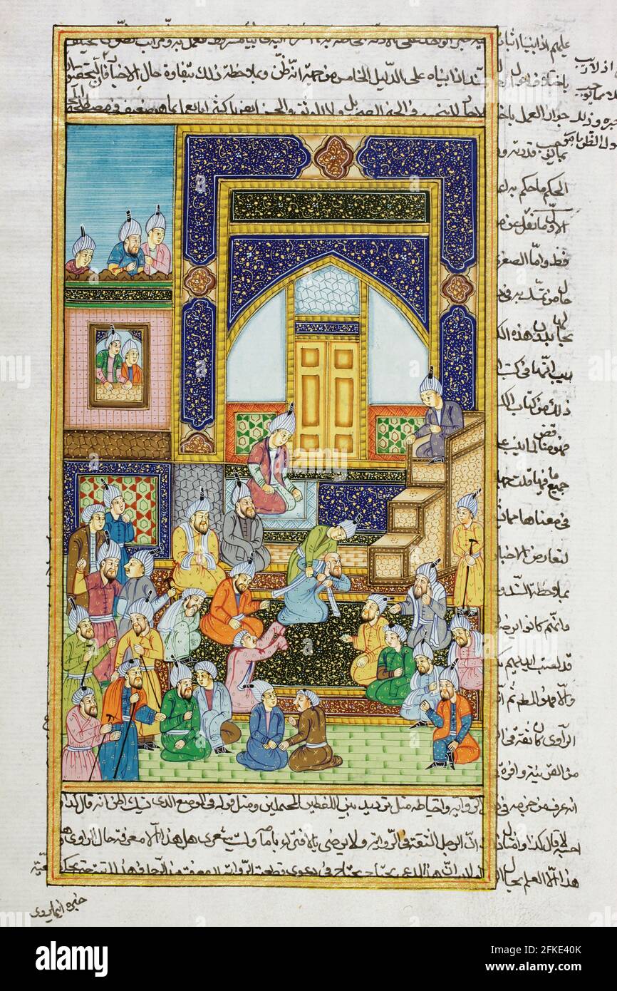 Rajasthani pittura in miniatura da Rajasthan, India. Probabilmente alla fine del 19 ° secolo o all'inizio del 20 ° secolo. Un uomo accusato è trascinato davanti ai giudici i Foto Stock