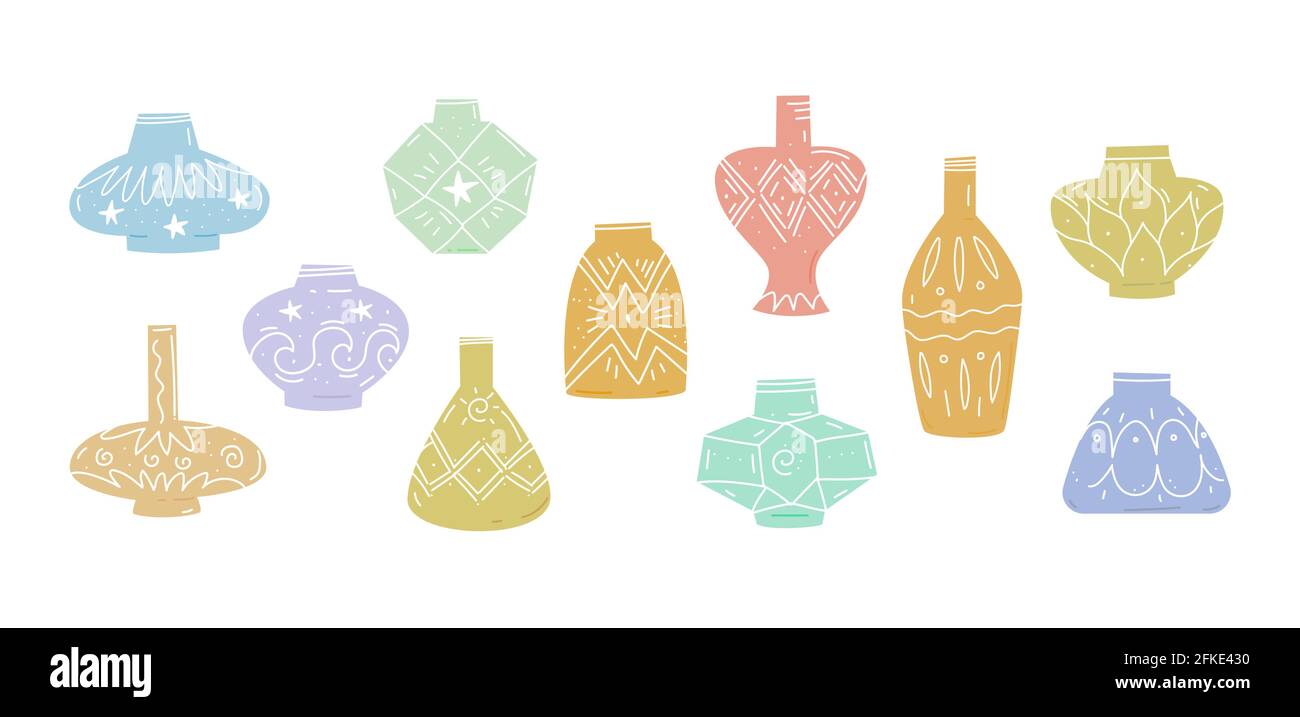 Set vasi in ceramica. Collezione di vasi in ceramica in stile antico e moderno. Illustrazione vettoriale disegnata a mano con icone colorate di vasi di argilla isolati su WI Illustrazione Vettoriale