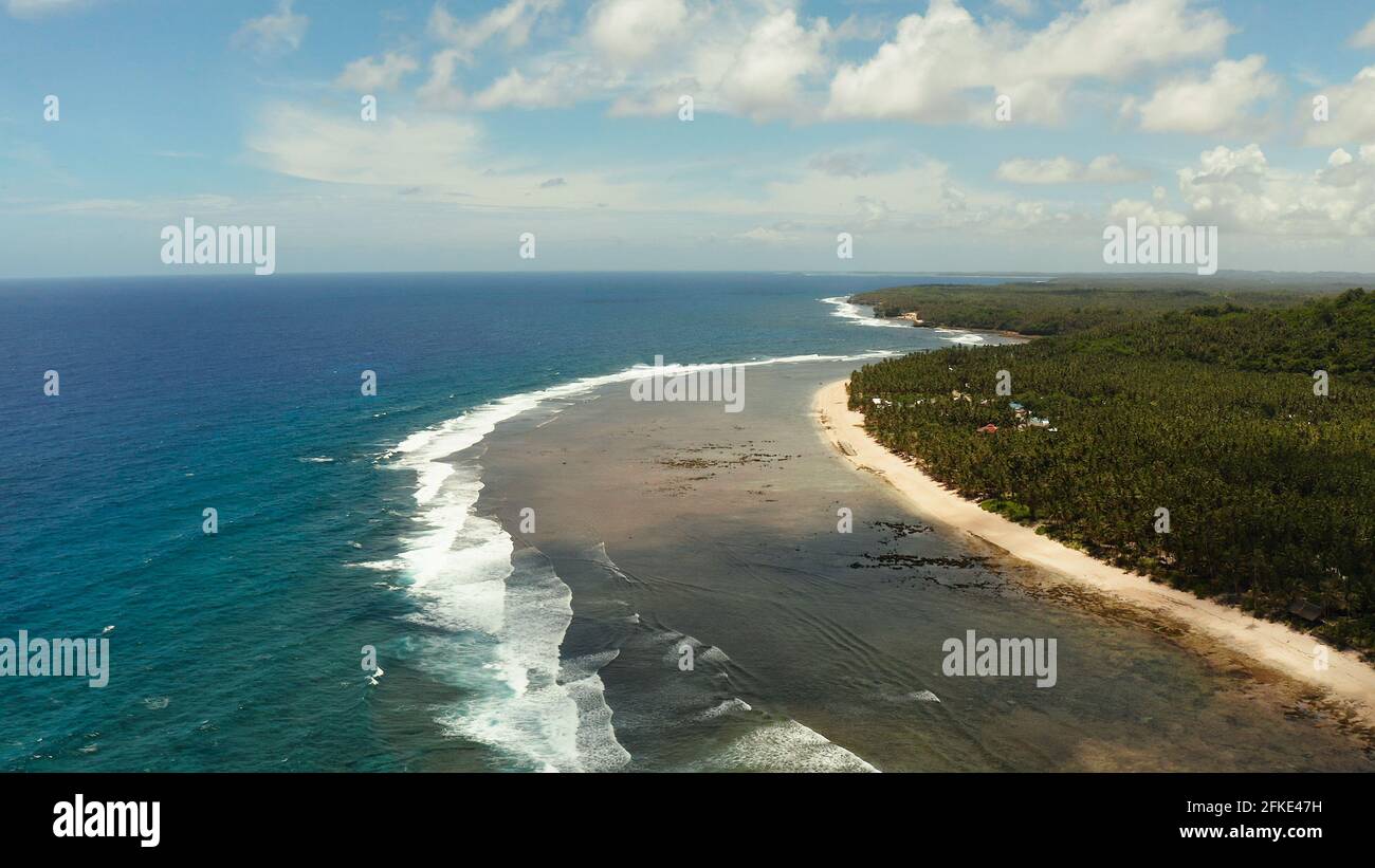 Seascape con la costa dell'isola tropicale coperte da foreste e palme contro il cielo blu e l'acqua. Siargao,Filippine Foto Stock