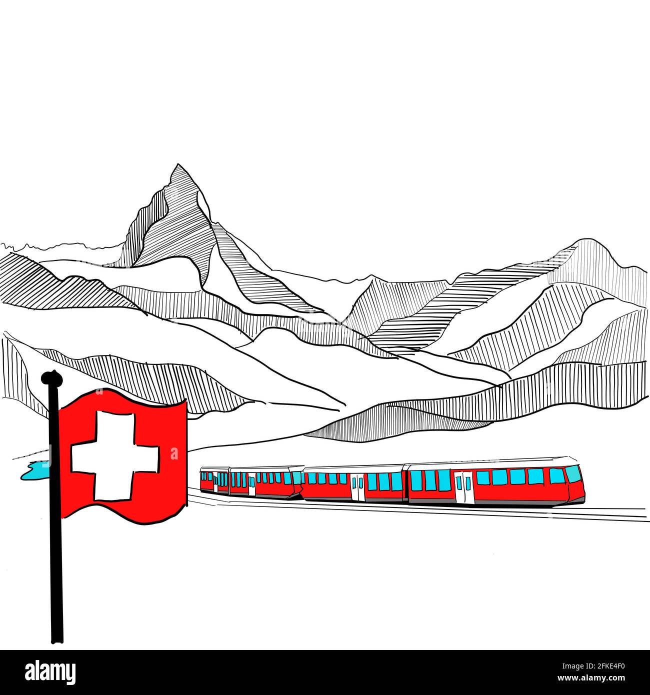 La silhouette bianca e nera della famosa montagna Cervino o Cervino, parte delle Alpi italiane e svizzere. In primo piano il treno rosso svizzero Foto Stock