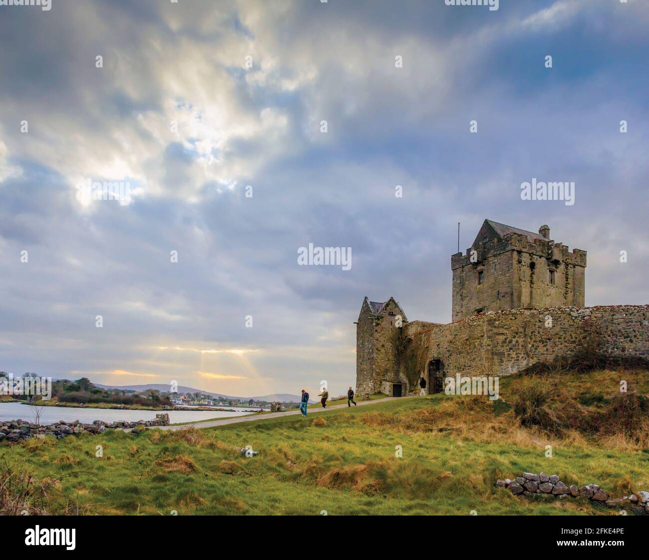 Castello di Dunguaire a Kinvara, Contea di Galway, Repubblica d'Irlanda. Eire. Questo tipo di struttura è nota come casa a torre. Le case a torre si sono evolute per bot Foto Stock
