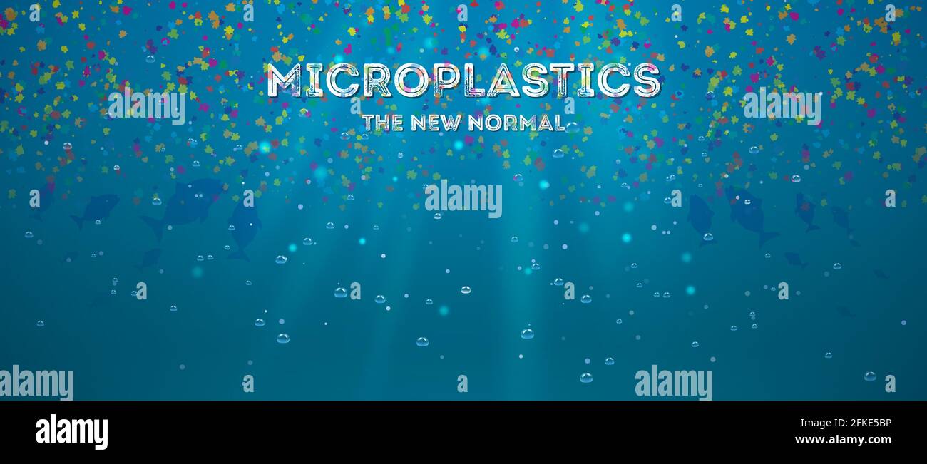 Il concetto di microplastica che causa inquinamento idrico. Oggetti in polipropilene monouso in plastica detriti che cadono nel profondo oceano. Illustrazione Vettoriale