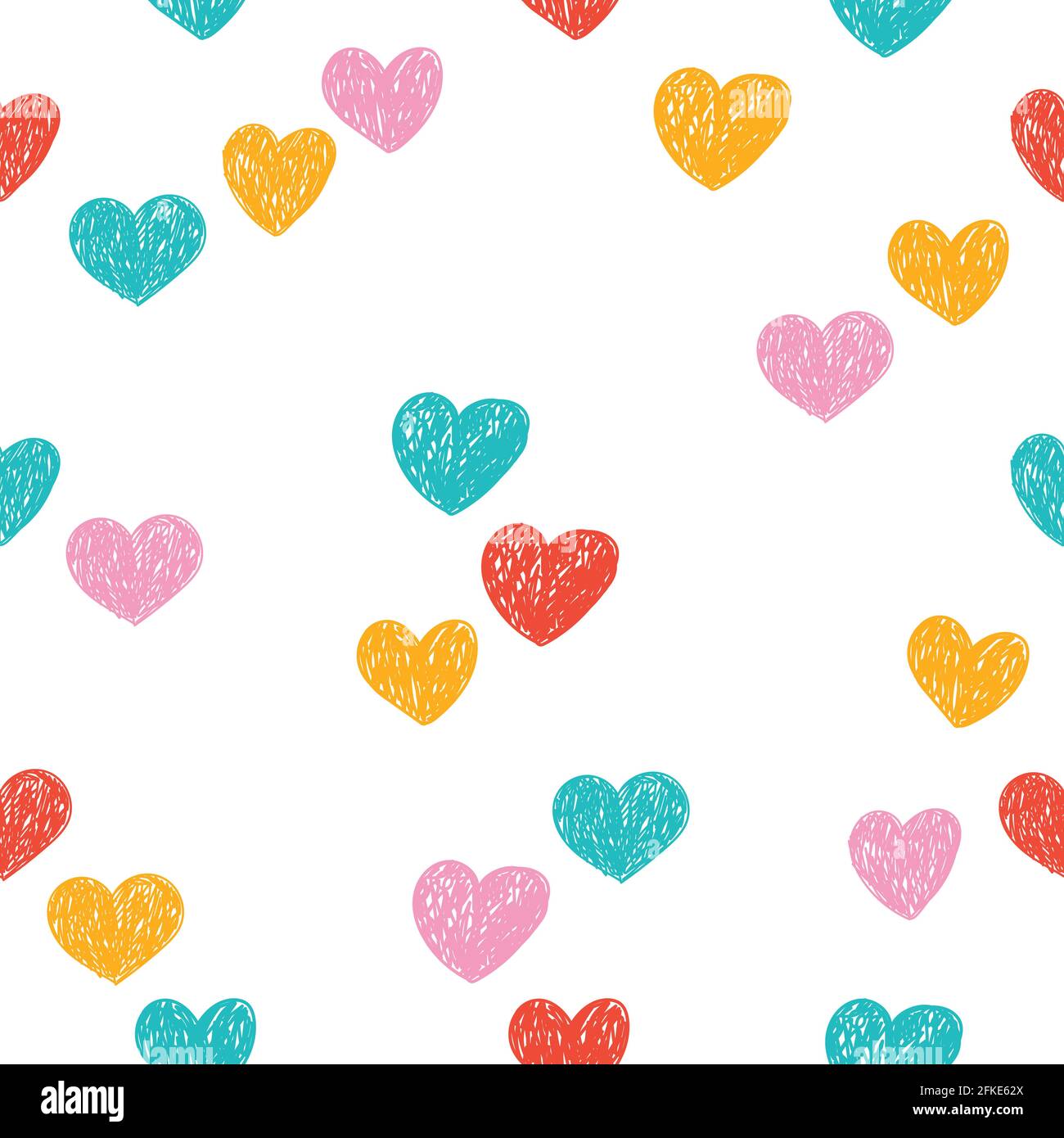 Motivo senza cuciture con cuori disegnati con matite colorate. Sfondo colorato per tessuti, carta da parati, carta da imballaggio, profumi, prodotti da donna, San Valentino. Illustrazione vettoriale isolata in bianco. Illustrazione Vettoriale