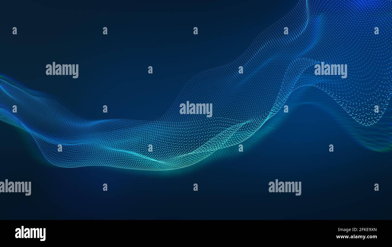 Sfondo blu tecnologico onda astratta di particelle di fluido. Concetto di connessione a matrice business. rendering 3d Foto Stock