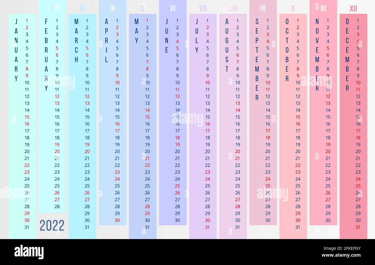Arcobaleno calendario 2022 modello. Nuovo 2022 anni. 12 mesi in verticale di colori diversi. Calendario da parete vettoriale su sfondo chiaro. Vettore stock Illustrazione Vettoriale