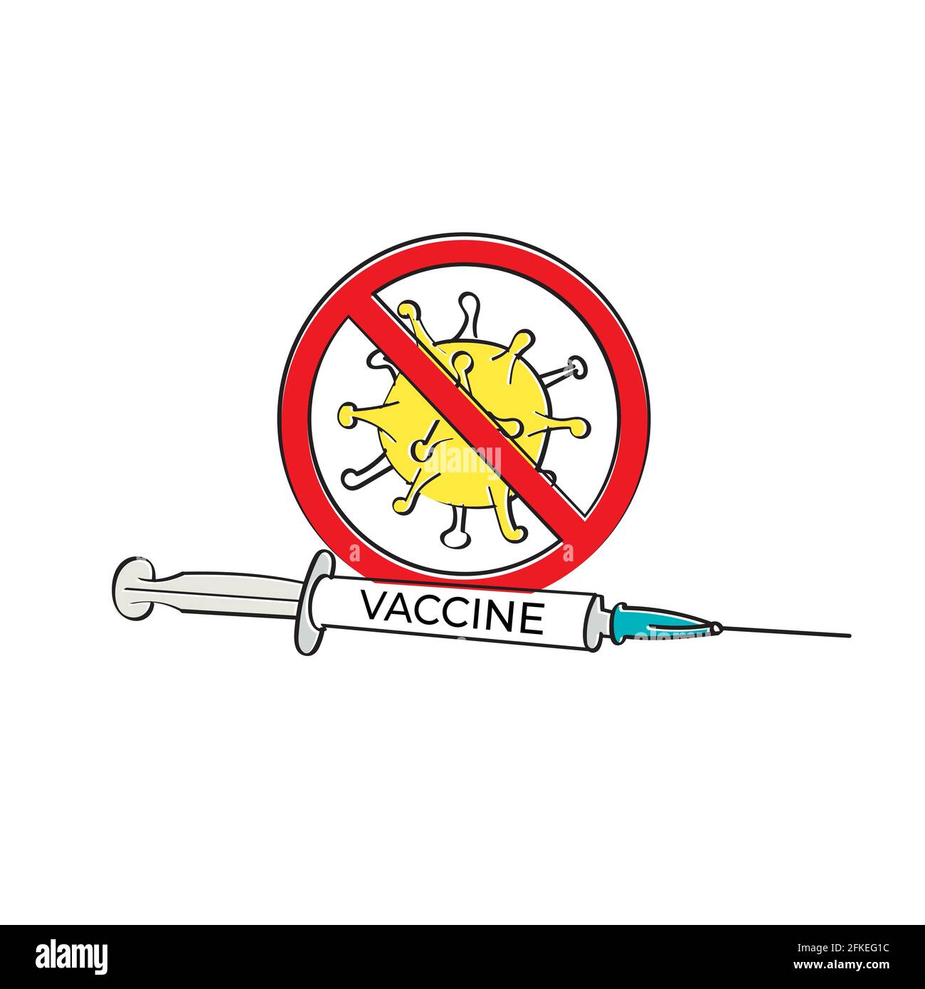 Immagine del simbolo di vaccinazione per il trattamento epidemico di cure mediche. Vaccino con simbolo di stop virus illustrazione vettoriale. Illustrazione Vettoriale