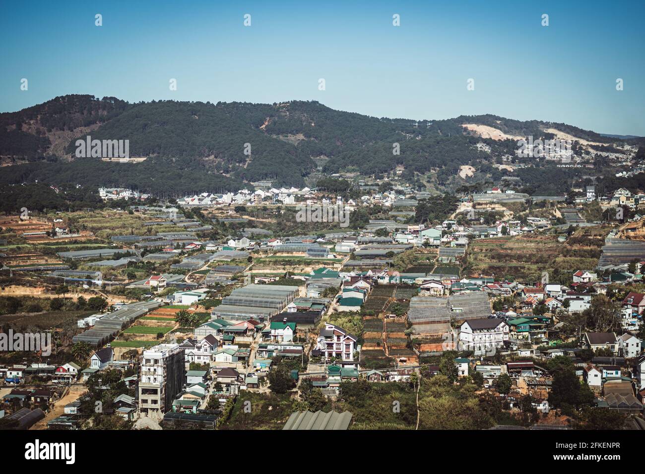 Panorama paesaggio, Dalat città, Langbian Plateau, Vietnam Central Highland regione. Campi di verdure, molte case, architettura, terreni agricoli, serra Foto Stock