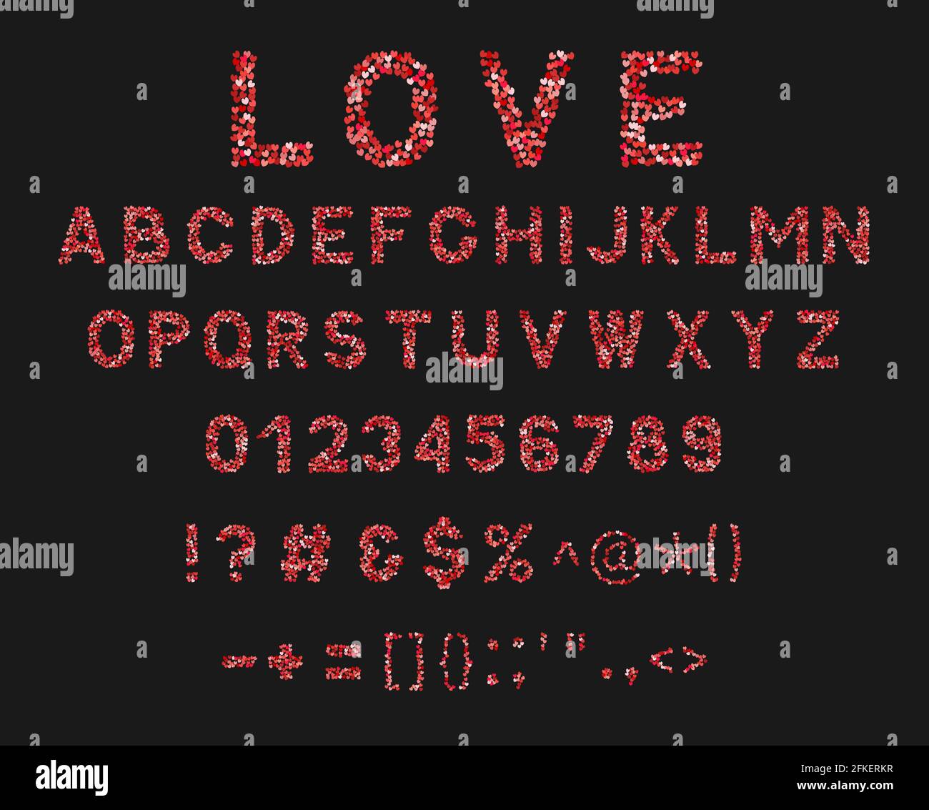 Amore alfabeto vettoriale. Lettere A-Z, numeri 0-9 e punteggiatura in tonalità di cuore di rosso e rosa. Carattere creativo per San Valentino. Latino upperca Illustrazione Vettoriale