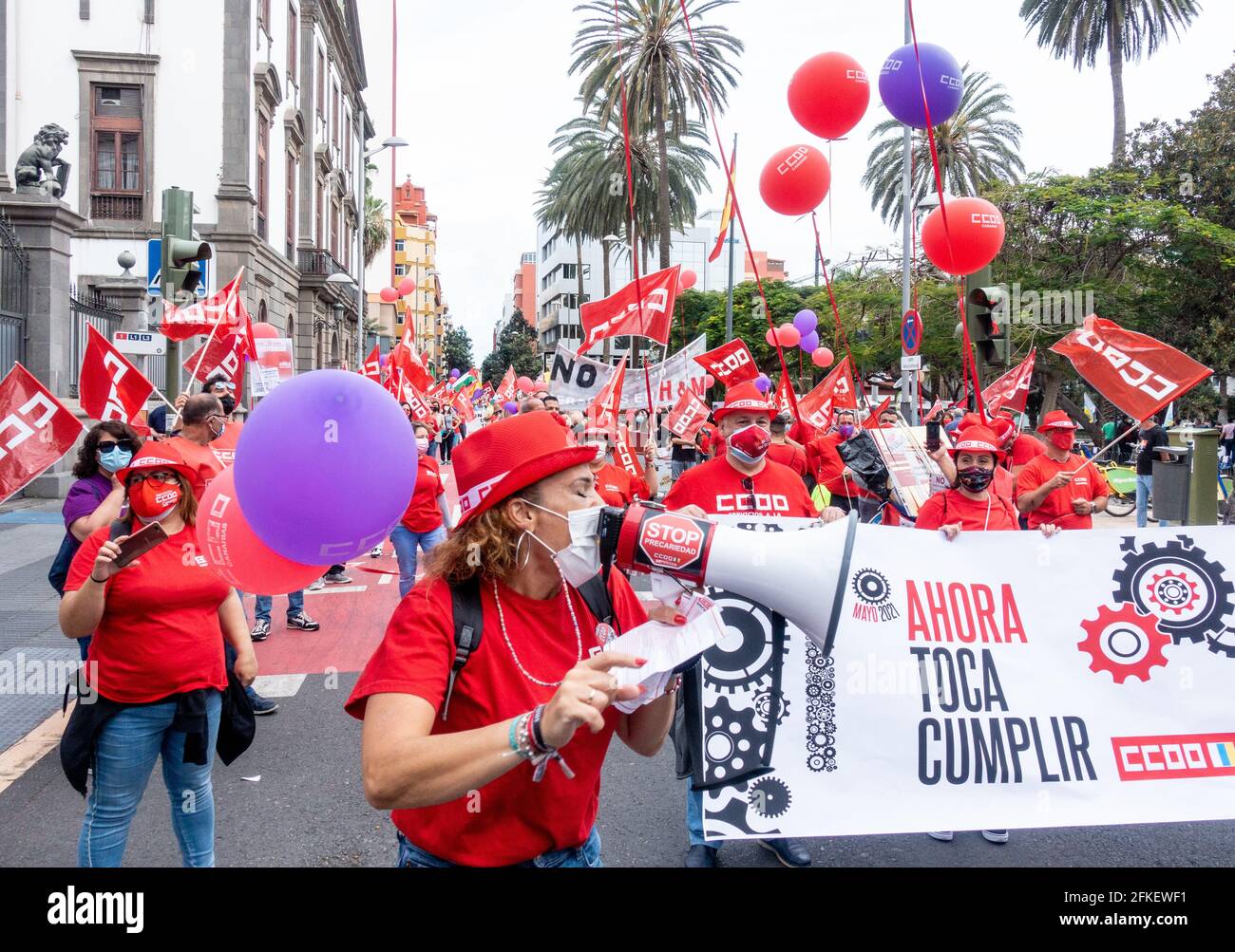 Las Palmas, Gran Canaria, Isole Canarie, Spagna. 1 maggio 2021. Giornata del lavoro/giornata internazionale dei lavoratori a Las Palmas, capitale della Gran Canaria. Credit: Alan Dawson/Alamy Live News. Foto Stock