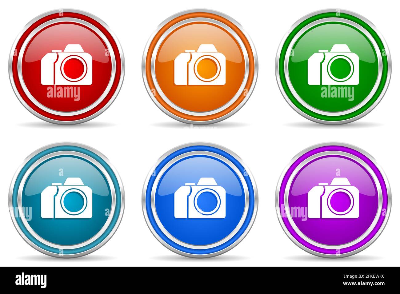 Fotocamera, fotografia argento metallizzato icone lucide, set di moderni pulsanti di design per applicazioni web, internet e mobili in 6 colori opzioni iso Foto Stock