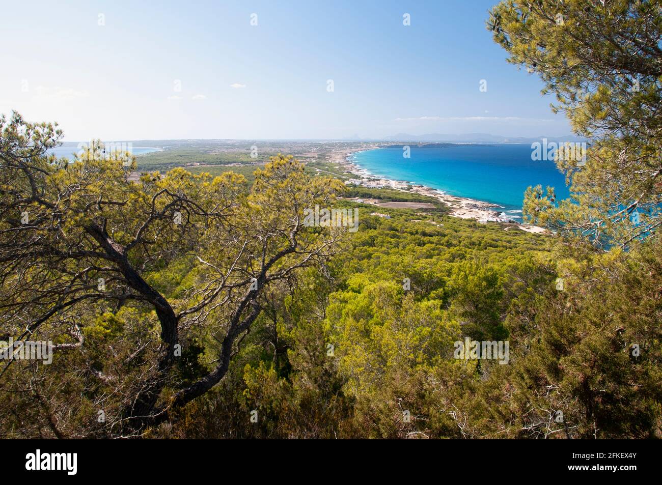 Fantastica vista panoramica della costa dell'isola di Formentera in Spagna dalla collina di El Mirador. Sullo sfondo il Mar Mediterraneo Foto Stock
