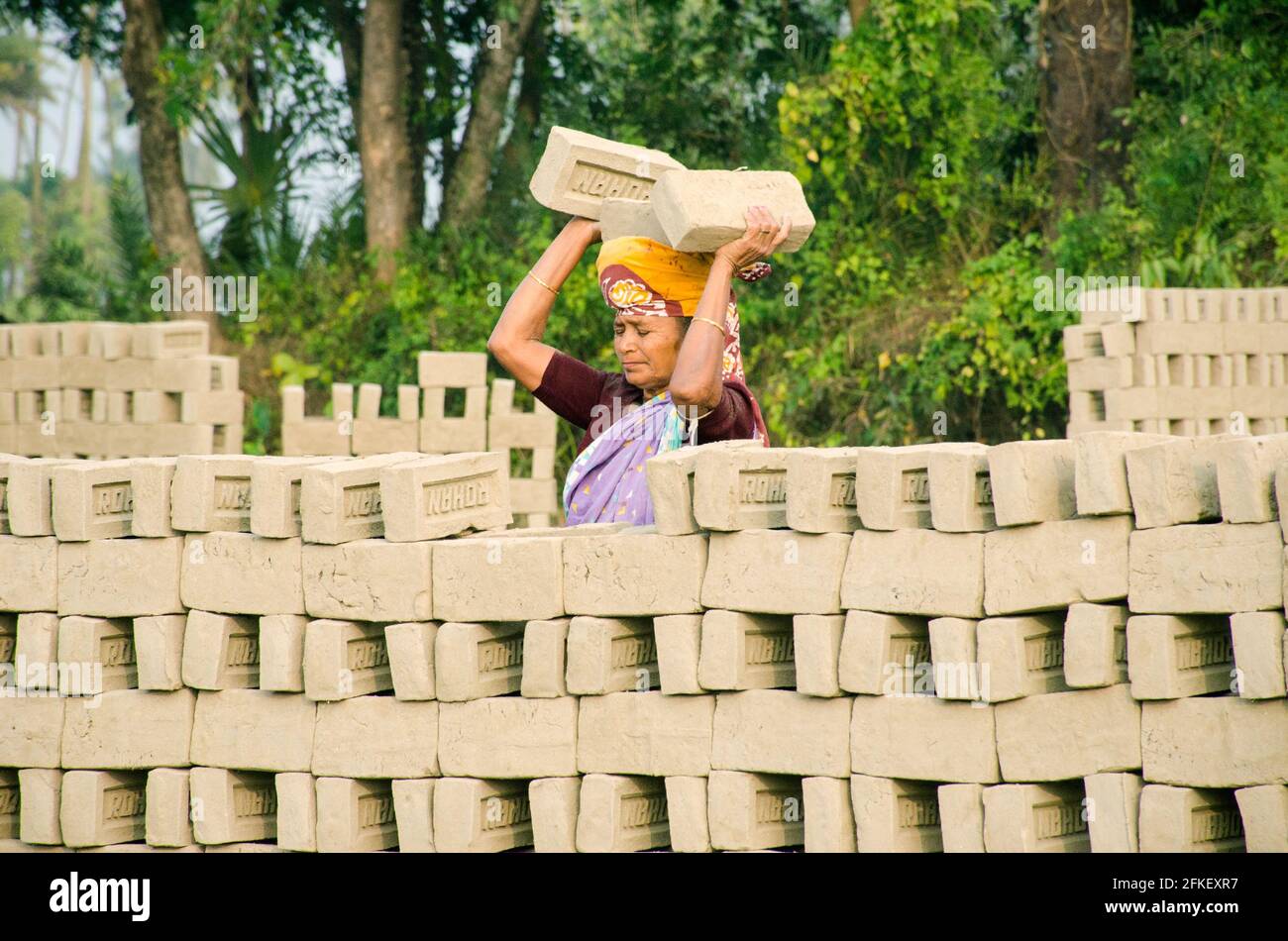 Immagine di un forno di mattoni nel remoto distretto di Hooghly. Lavoratori adulti lavorano duro per disporre i mattoni crudi nel forno a cotti. Foto Stock