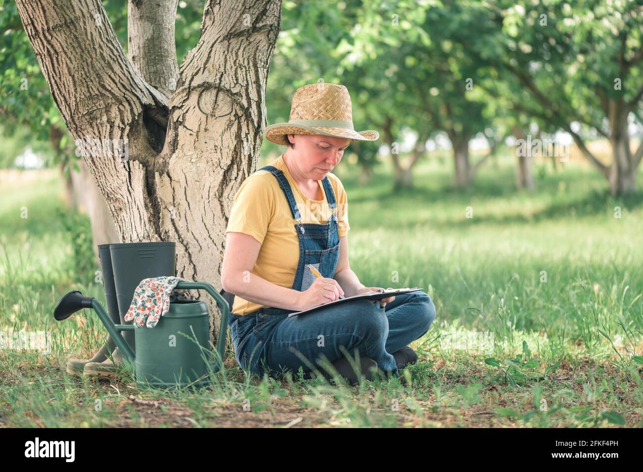 Femmina contadino scrivere note sulla clipboard blocco note in inglese organico frutteto fattoria di frutta di noce Foto Stock