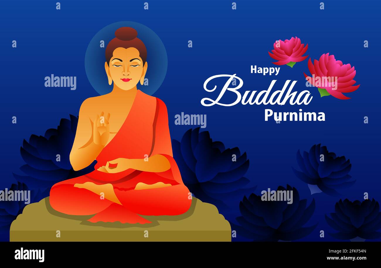 Felice Buddha Purnima saluto con tipografia. Illustrazione pacifica con fiore di loto. Bel design festivo per siti web e post sui social media. Illustrazione Vettoriale