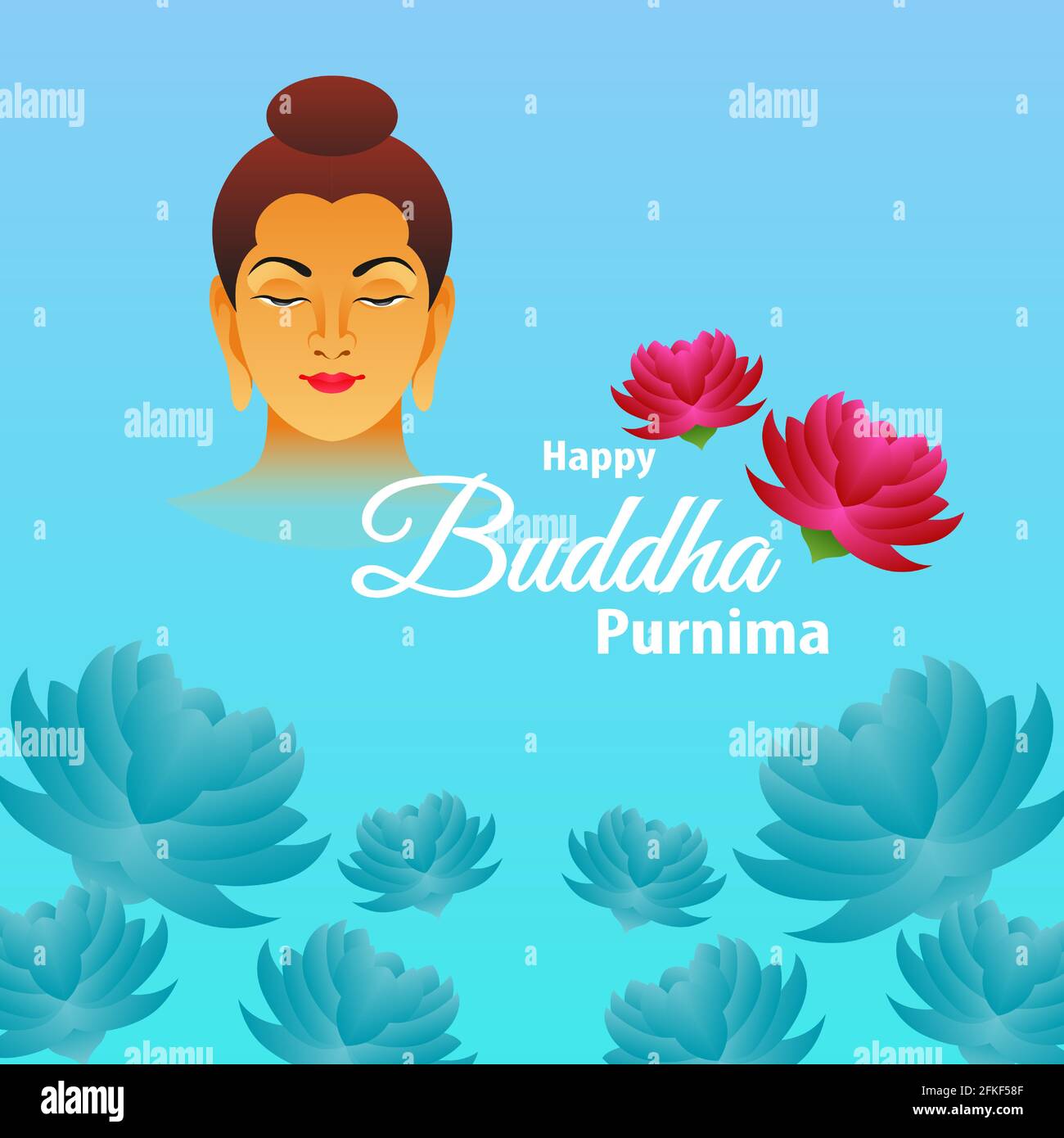 Felice Buddha Purnima saluto con tipografia. Illustrazione pacifica con fiore di loto. Bel design festivo per siti web e post sui social media. Illustrazione Vettoriale