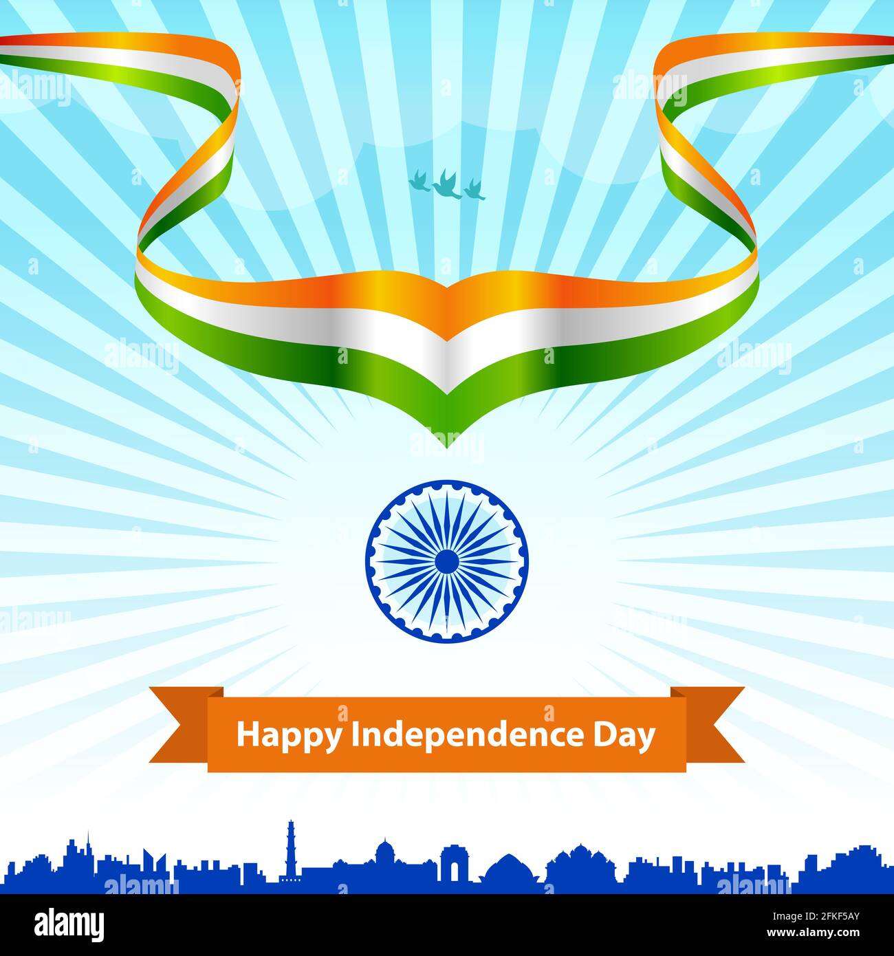 Happy Independence Day India con tricolore bandiera saluto vettore layout grafico. Modello del 15 agosto per brochure, volantini, poster, Web, supporti di stampa. Illustrazione Vettoriale