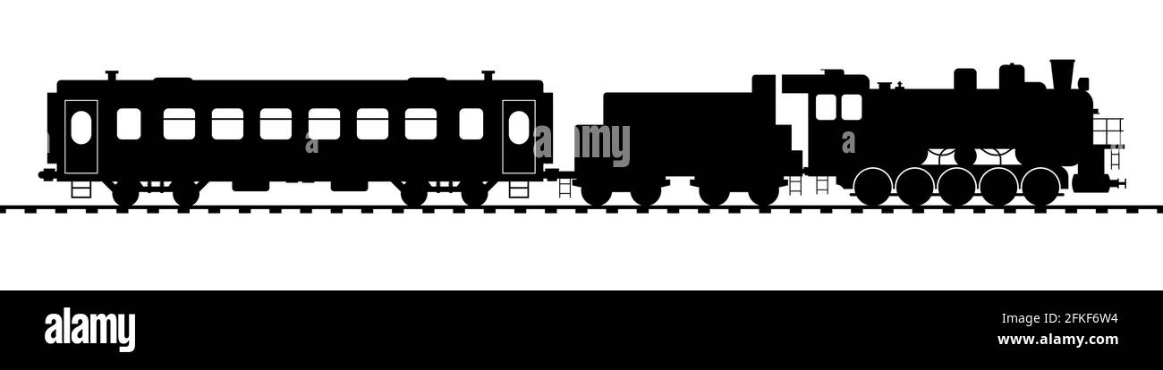 Treno turistico retrò con locomotiva a vapore e vagone d'epoca. Illustrazione vettoriale in stile piatto isolata su sfondo bianco. Illustrazione Vettoriale