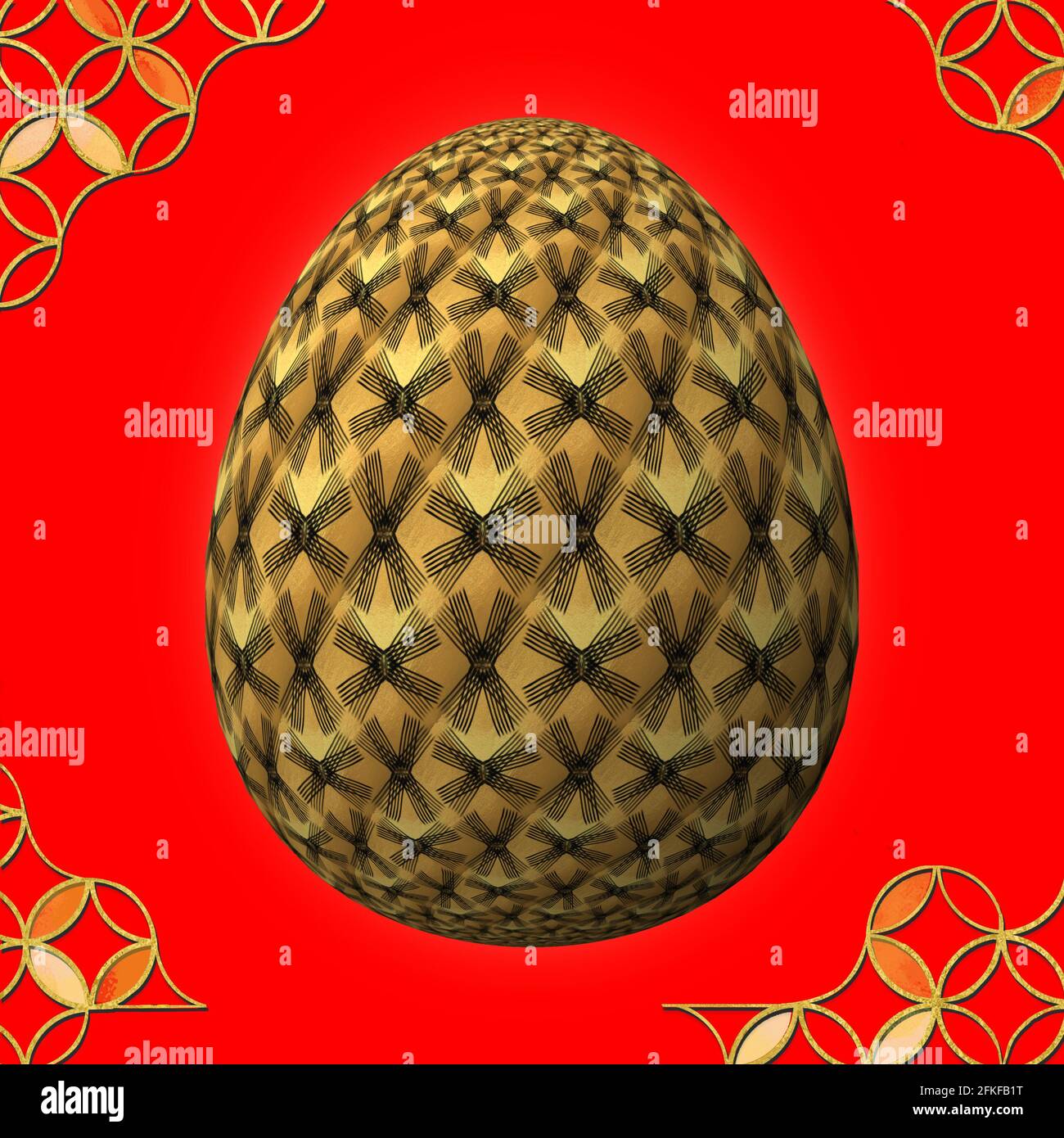 Happy Easter, uovo di pasqua 3D dal design artistico e colorato, illustrazione 3D su sfondo rosso con cornice Foto Stock