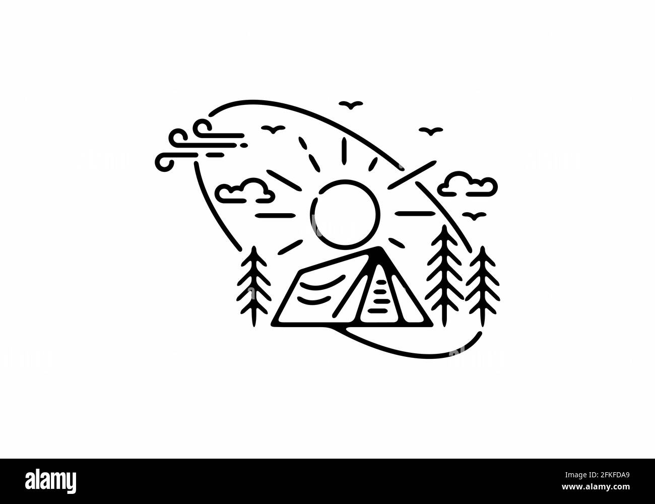 Illustrazione grafica in linea nera del badge da campeggio in ovale inclinato design della forma Illustrazione Vettoriale