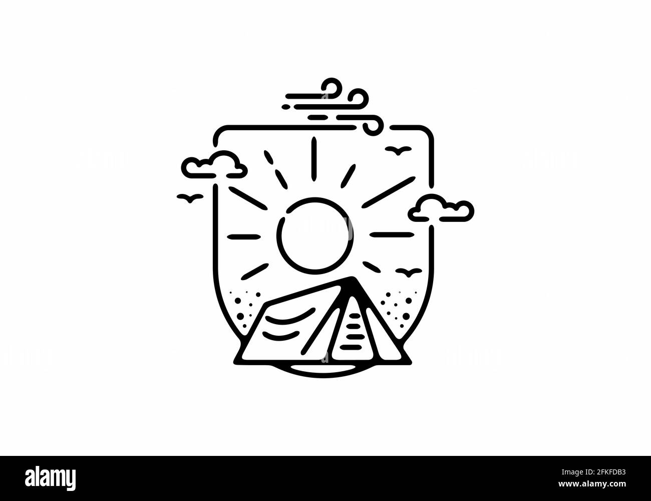 Illustrazione grafica in linea nera del badge da campeggio a metà ovale design della forma Illustrazione Vettoriale