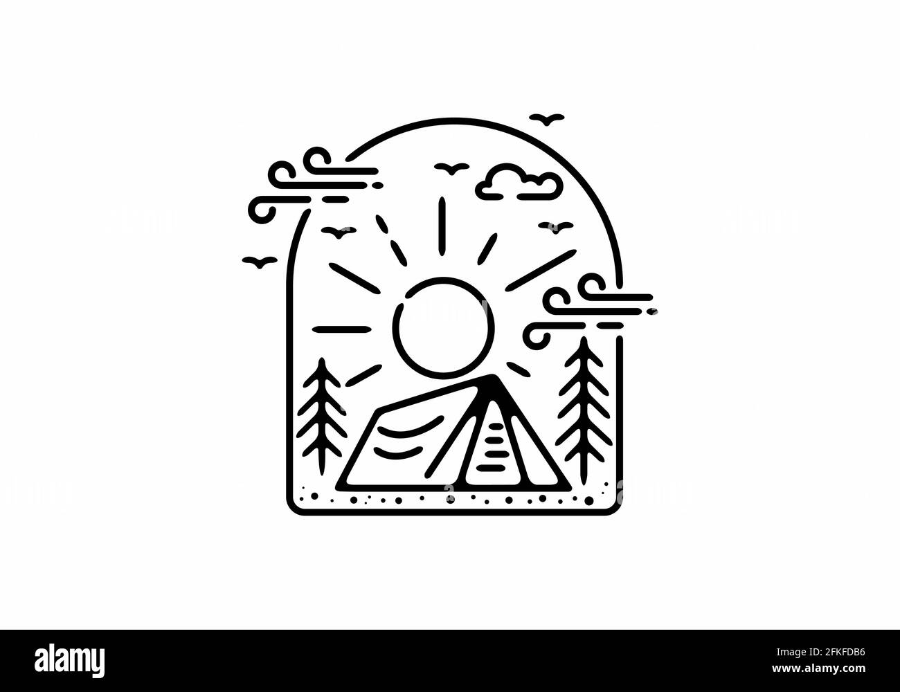 Immagine in linea nera del badge da campeggio nella cornice della finestra design della forma Illustrazione Vettoriale