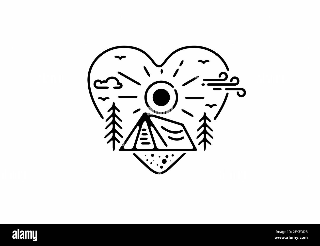 Illustrazione grafica a linea nera del badge da campeggio in forma d'amore design Illustrazione Vettoriale