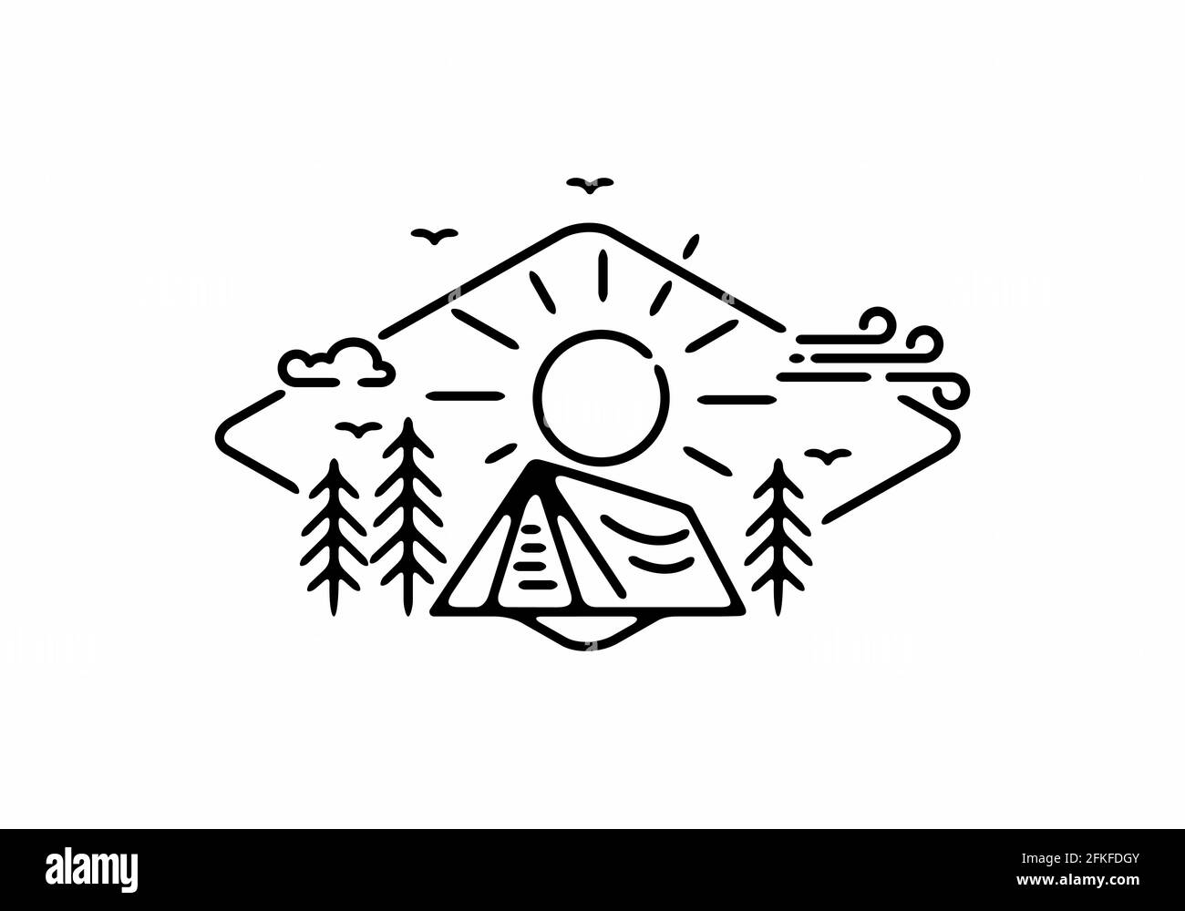 Illustrazione dell'arte della linea nera del marchio di campeggio in diamante unico design della forma Illustrazione Vettoriale
