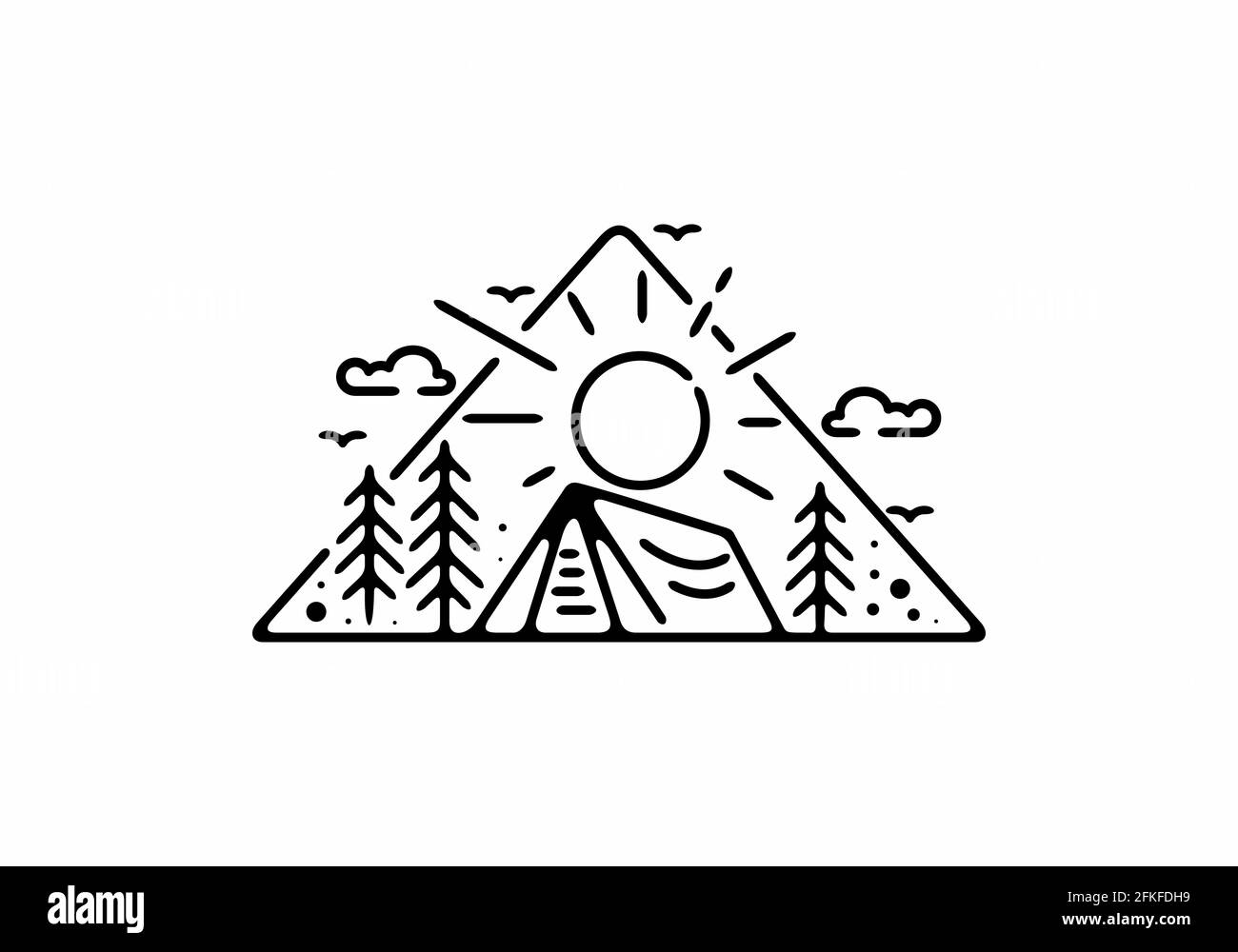 Immagine in linea nera del badge da campeggio a forma di triangolo design Illustrazione Vettoriale