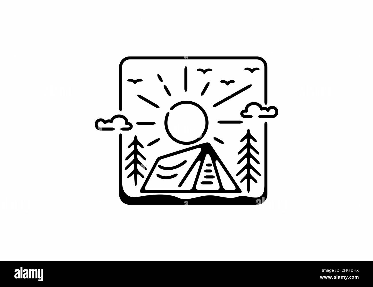 Immagine in linea nera del badge da campeggio a forma quadrata design Illustrazione Vettoriale