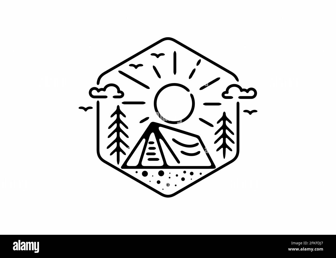 Immagine in linea nera del badge da campeggio a forma esagonale design Illustrazione Vettoriale