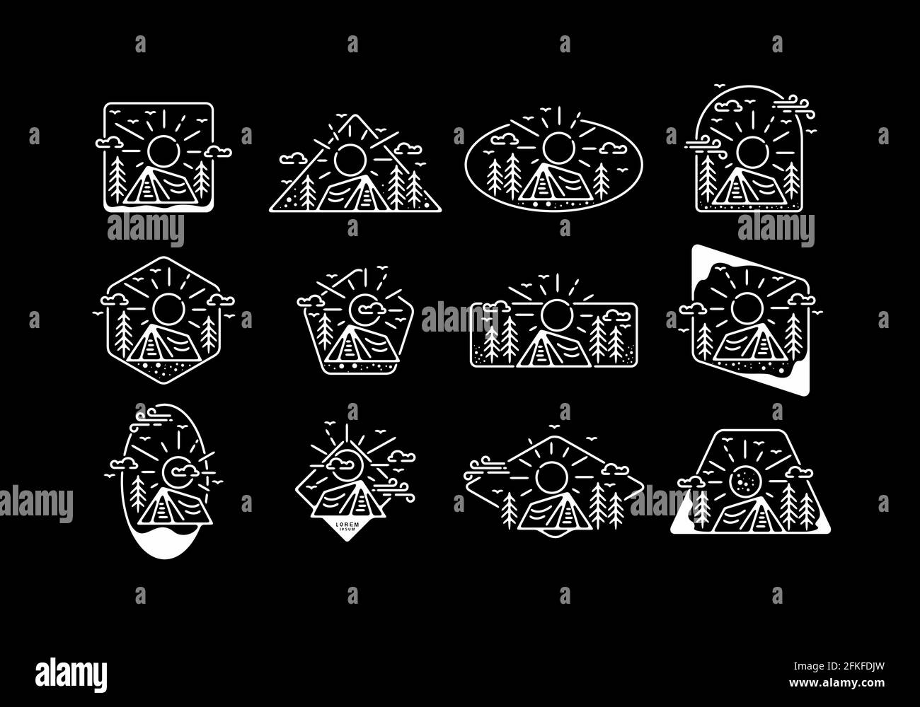 Illustrazione grafica di linea nera bianca del design del set di badge da campeggio Illustrazione Vettoriale