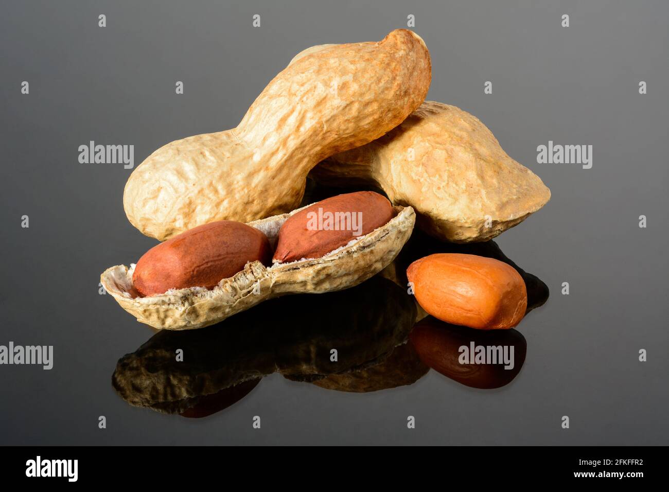 Arachide su superficie nera lucida con riflessione. Due arachidi con due noccioli con macro a shell aperta primo piano, alta risoluzione piena profondità di campo. Foto Stock