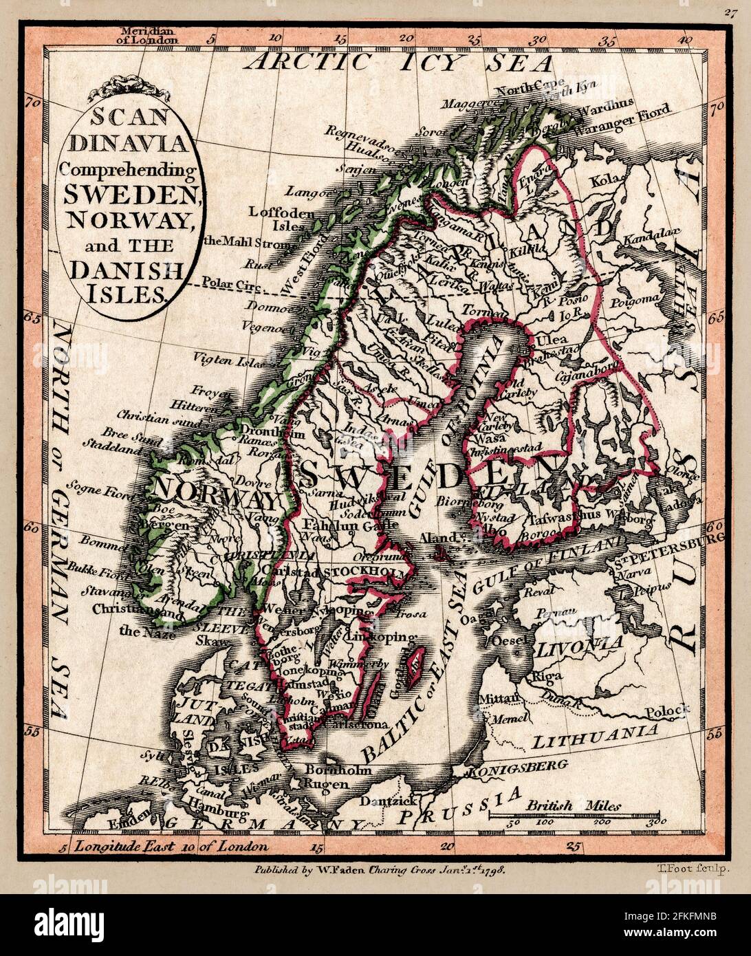 Scandinavia Mappa 1804. Titolo originale: 'Candinavia che comprende Svezia, Norvegia e le isole danesi.' Mappa del famoso cartografo William Faden con data di pubblicazione del 1804. Foto Stock