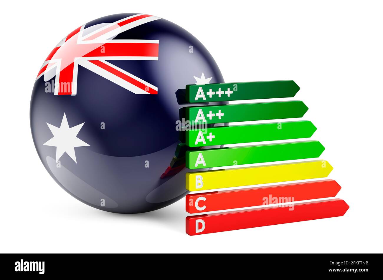 Bandiera australiana con classificazione per l'efficienza energetica. Certificati di prestazione in Australia Concept. Rendering 3D isolato su sfondo bianco Foto Stock