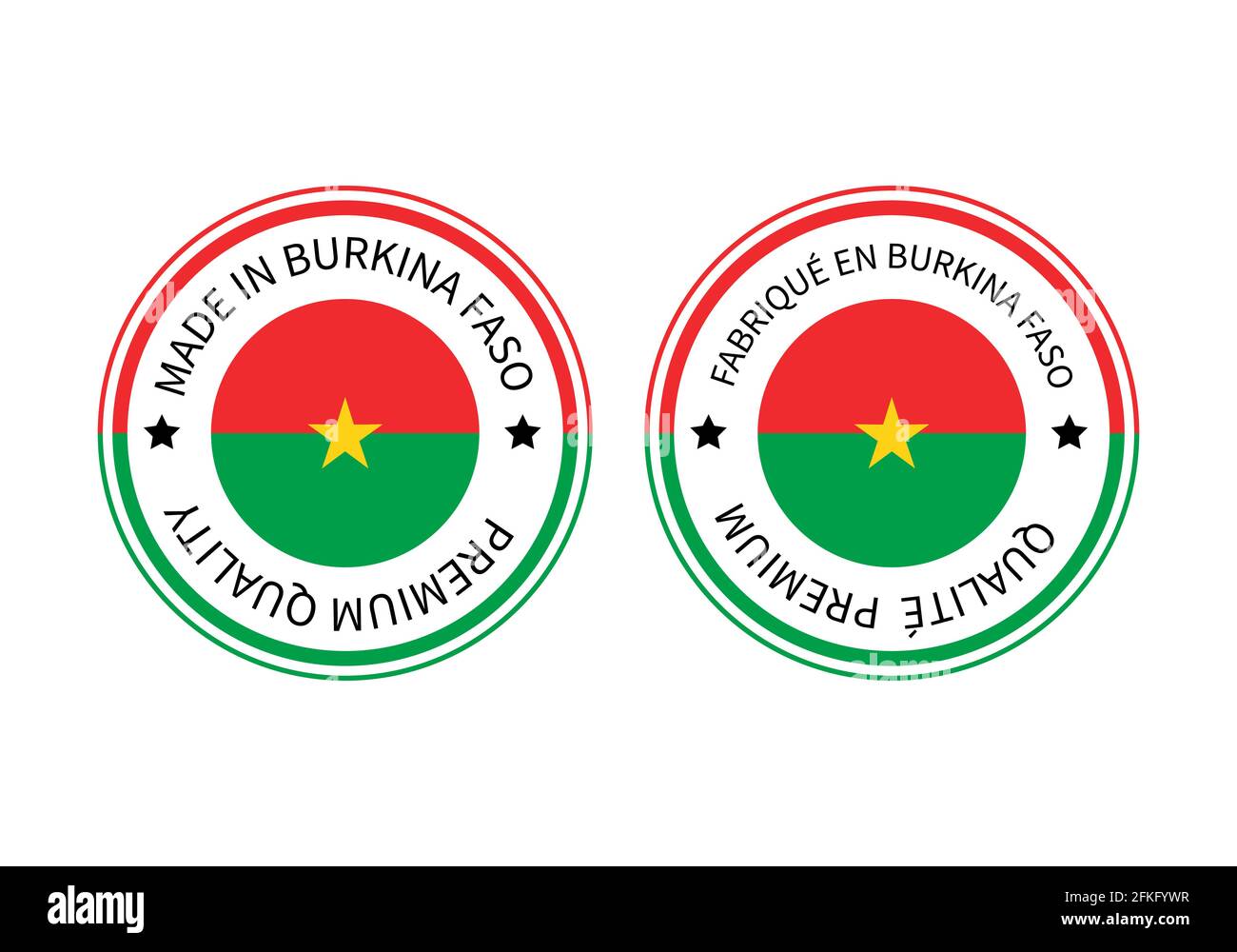 Etichette rotonde in Burkina Faso in inglese e francese. Icona vettore del contrassegno di qualità. Perfetto per il design di logo, tag, badge, emblema, prodotto Illustrazione Vettoriale