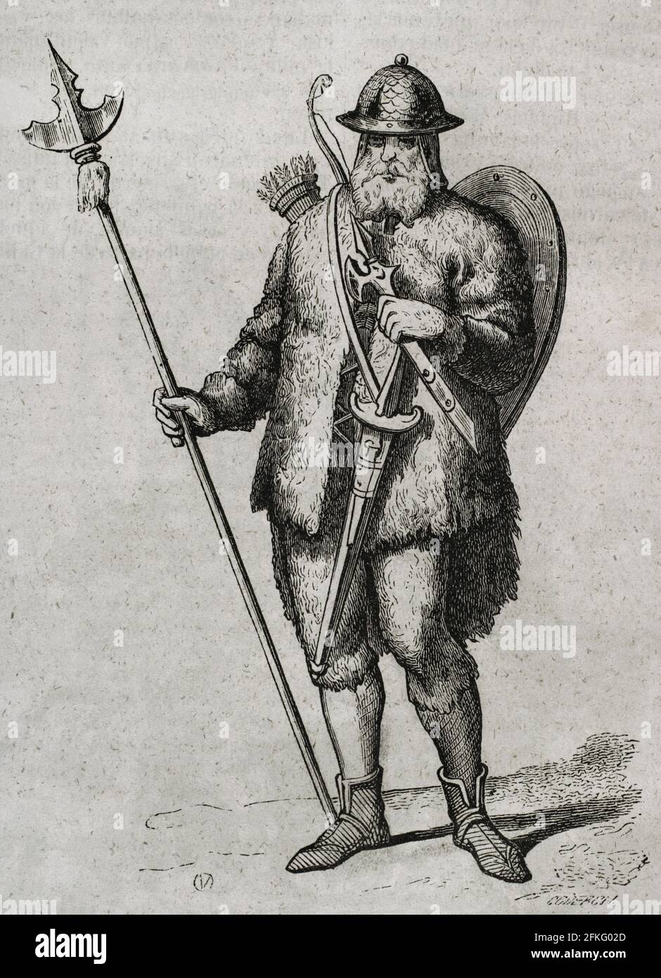 Storia dell'Europa. Soldato dei primi Goti. Incisione di Coderch. Historia Generale de España di Padre Mariana. Madrid, 1852. Foto Stock